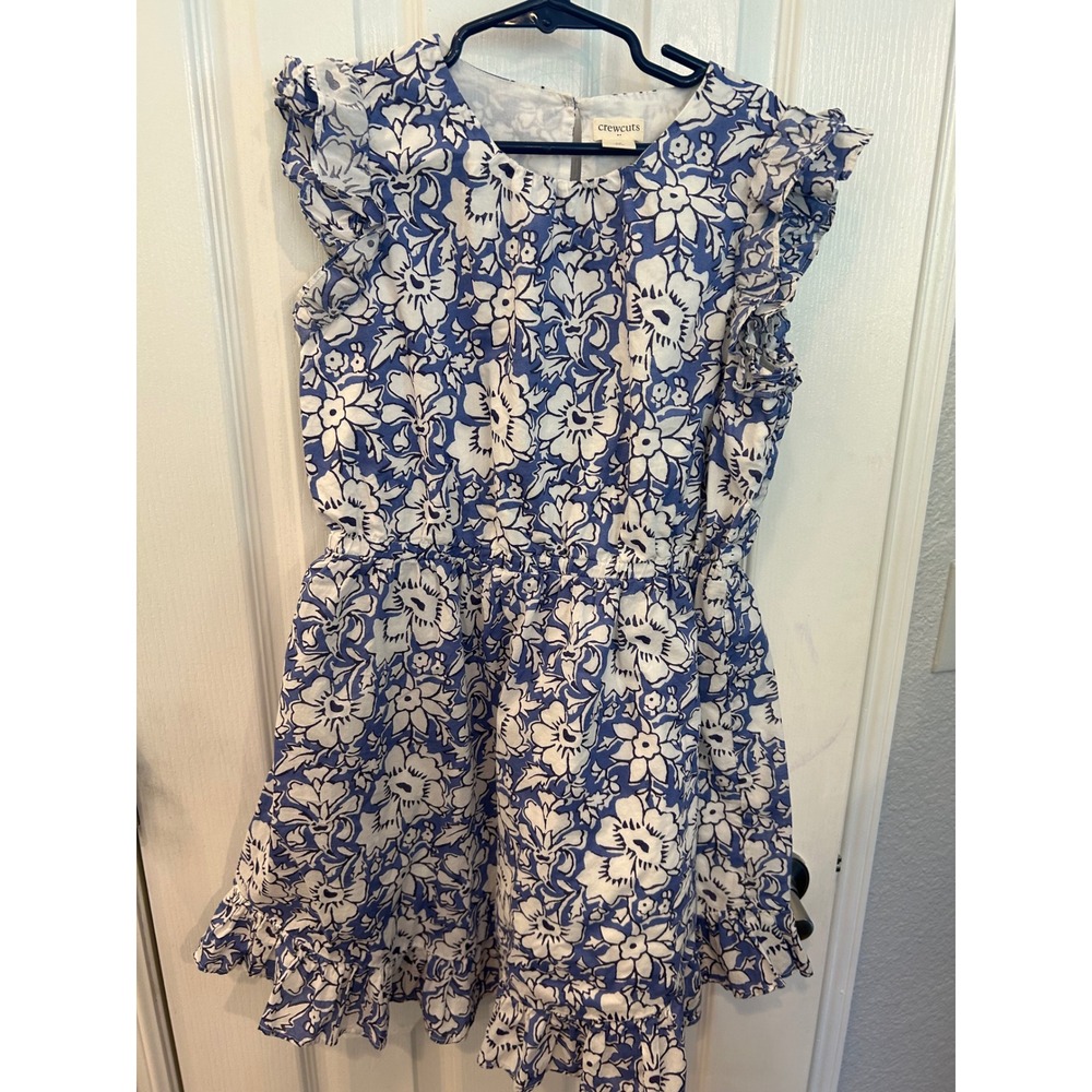 Crewcuts Dress Blue White Floral Ruffle Sleeve Cotton Summer Sun Dress 10 \